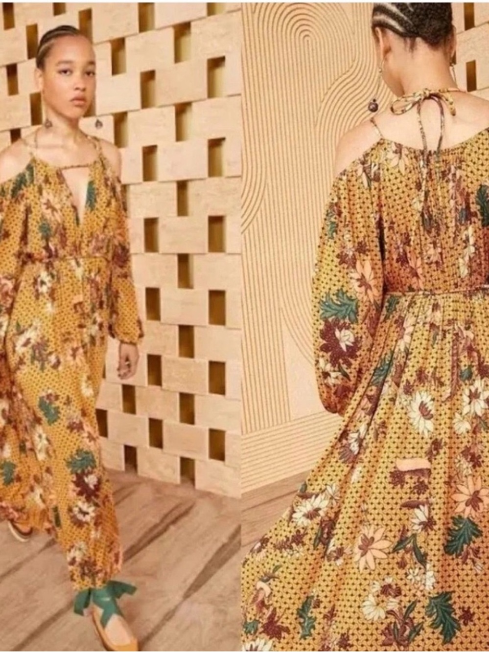 Ulla Johnson Mustard Floral Long-Sleeve Maxi Dress, cold shoulder